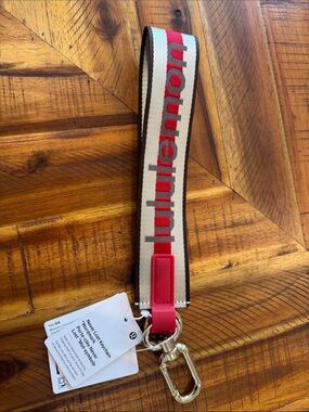 Brand New Lululemon Red, Cream & Brown Logo Never Lost Keychaiwith Gold Hardware